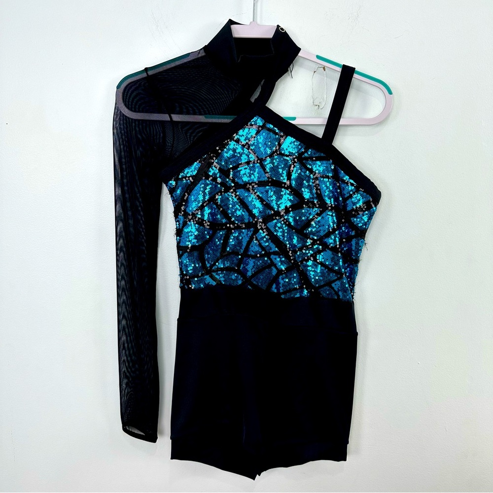 Weissman Small Adult Showtime Electricity Biketard Romper Black & Blue Acro